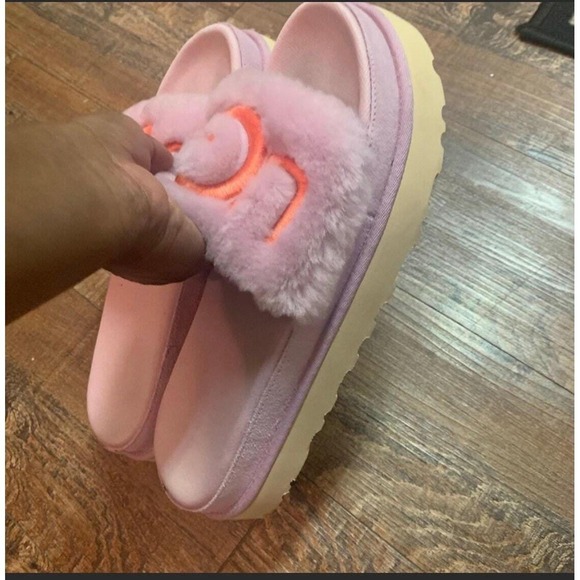 UGG Laton fluffy platform fur slides pink/purple shoes - Picture 6 of 11